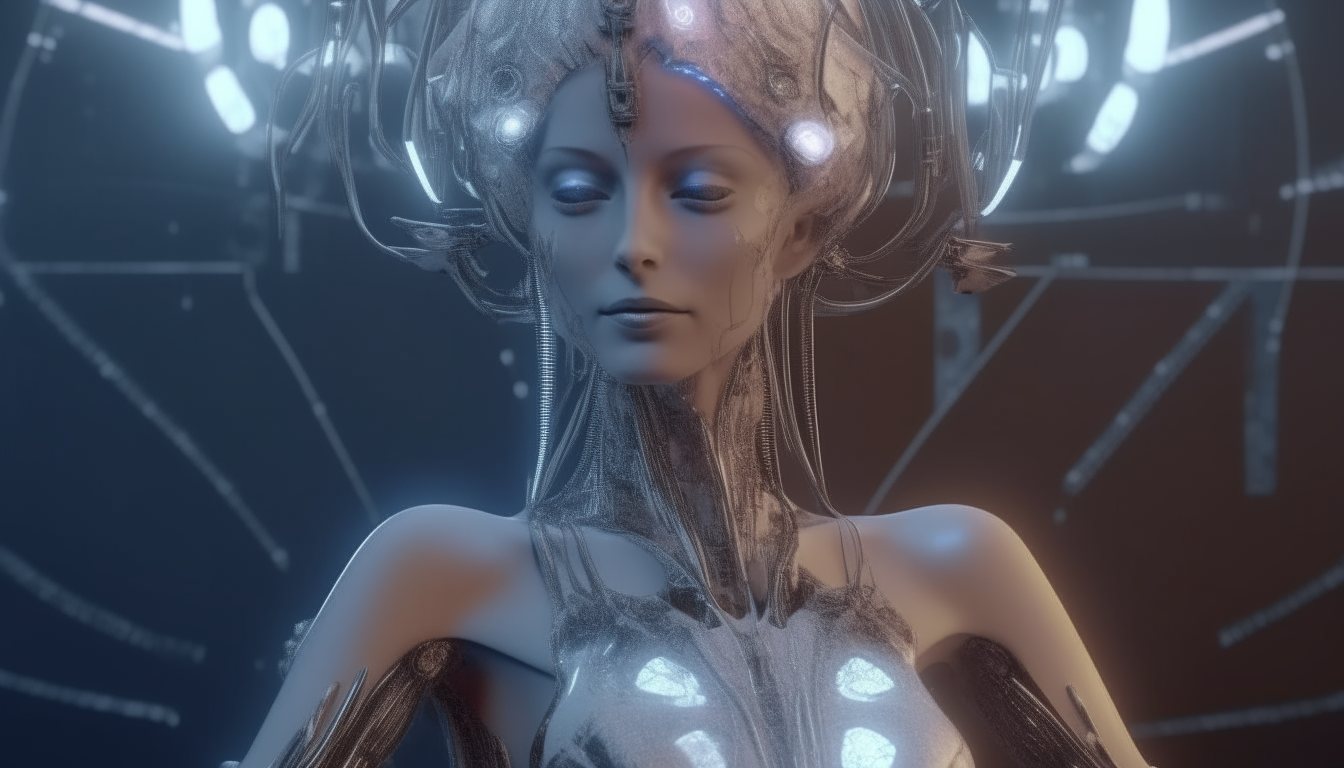 a beautiful alien cyborg goddess morphing with a living biomechanical laser mind control machine, with silver chrome magic mushrooms projecting moonflower lights, highly detailed 4k image