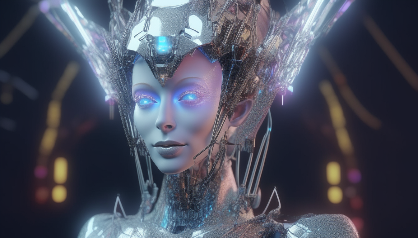 portrait of a beautiful alien cyborg goddess wearing a holographic robotic crown with laser beams and silver chrome drips, highly detailed, 4k