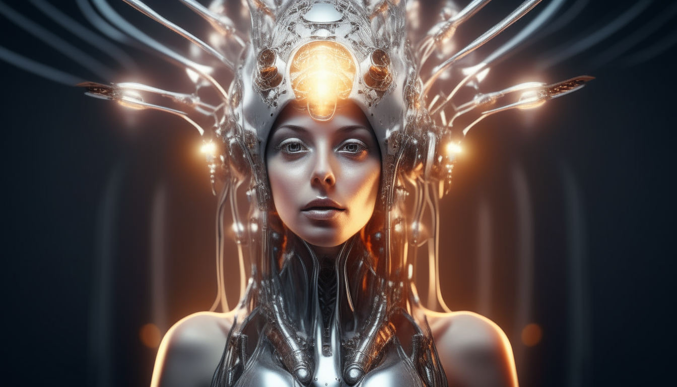 portrait of a beautiful alien cyborg goddess wearing a crown made from alien spacecraft rocket boosters igniting flames, with biomechanical tentacles wrapped around floating silver chrome spheres