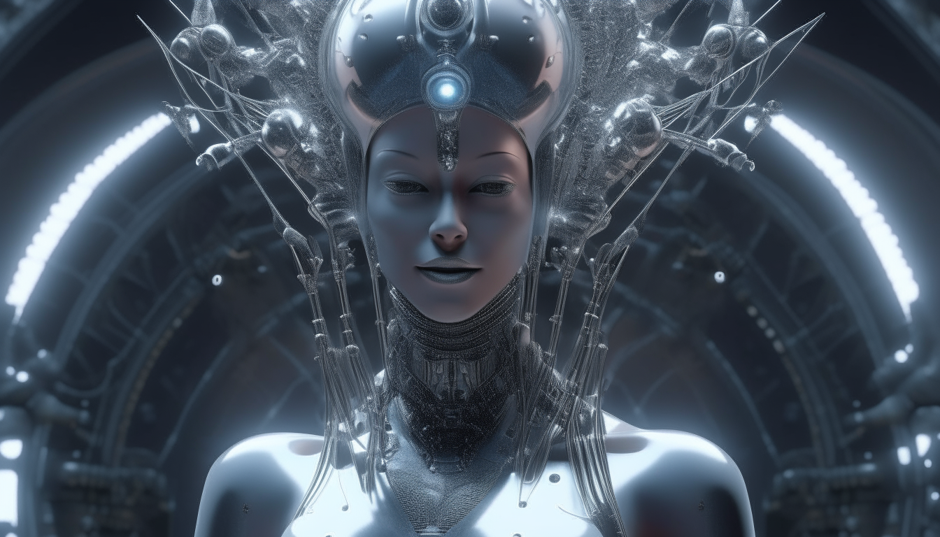 beautiful alien cyborg goddess with a crown made from alien spacecraft rocket boosters igniting for takeoff, biomechanical robotic tentacles wrapping around silver chrome floating spheres, dark sci-fi fantasy style, highly detailed, 4k quality