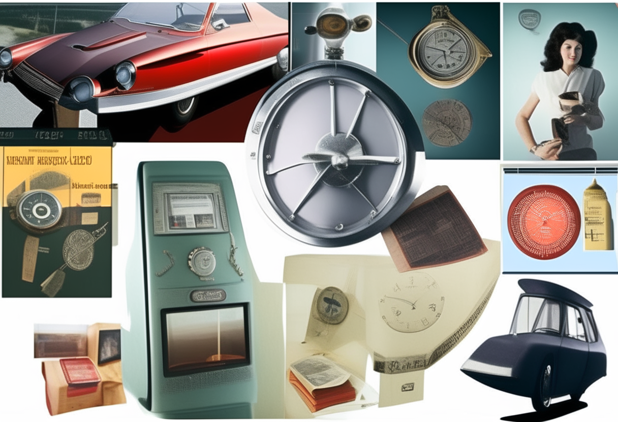 A collage of 10 inventions: a clock, airplane, car, television, washing machine, fridge, credit card, GPS, internet, and penicillin. Each invention is clearly depicted and labeled.