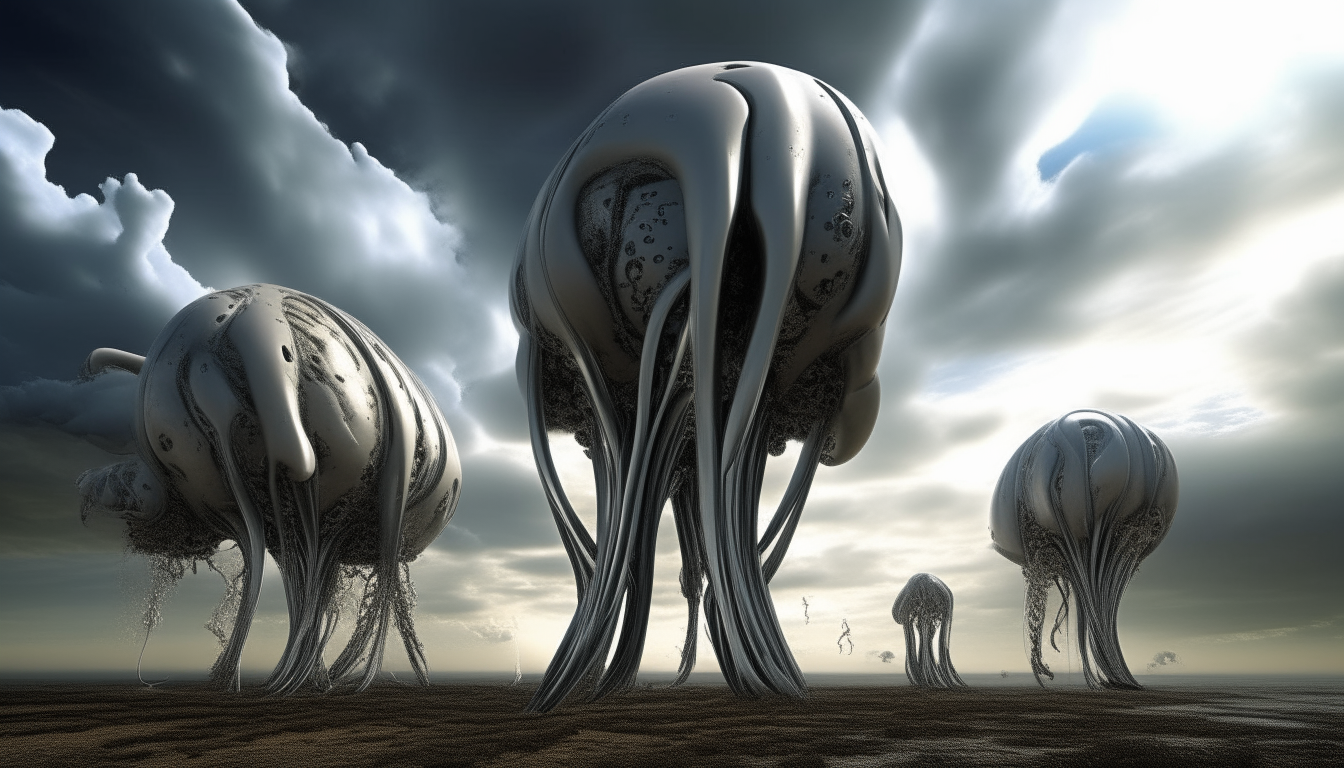 an alien landscape made from squirming robotic silver chrome tentacles with huge living alien biomorphic pods made from living alien matter, strange sky above