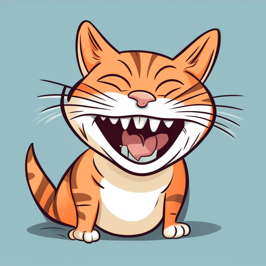 A cartoon cat laughing joyfully, showing its teeth