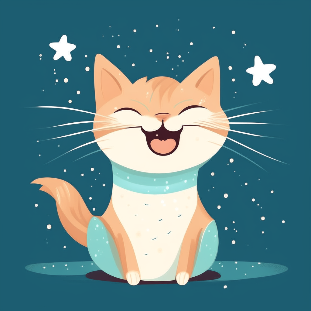 A cartoon cat giggling happily, with sparkles in its eyes