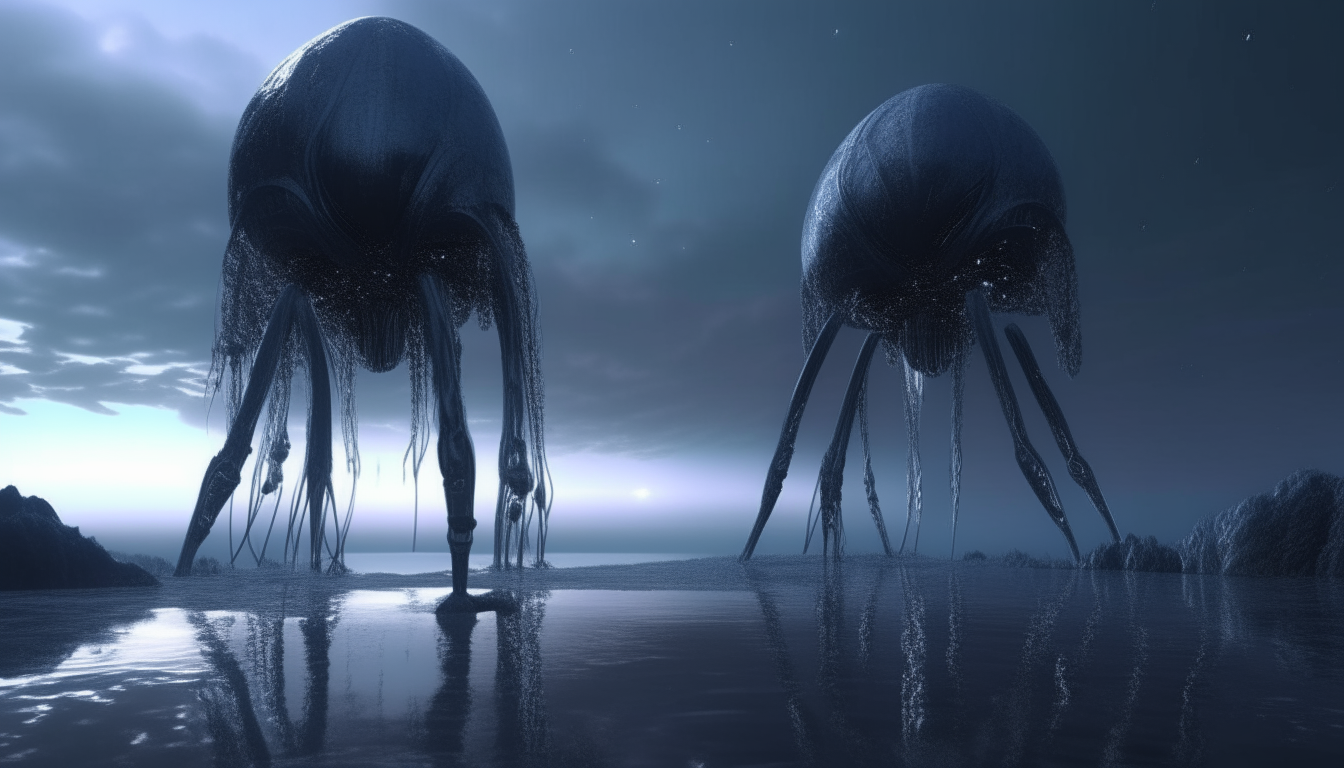 a strange alien landscape with living giant alien pods on tripod legs and waving silver chrome tentacles dripping into pools of reflective liquids under a cosmic sky, extremely detailed 4k rendering, dark sci-fi fantasy style 16:9 aspect ratio