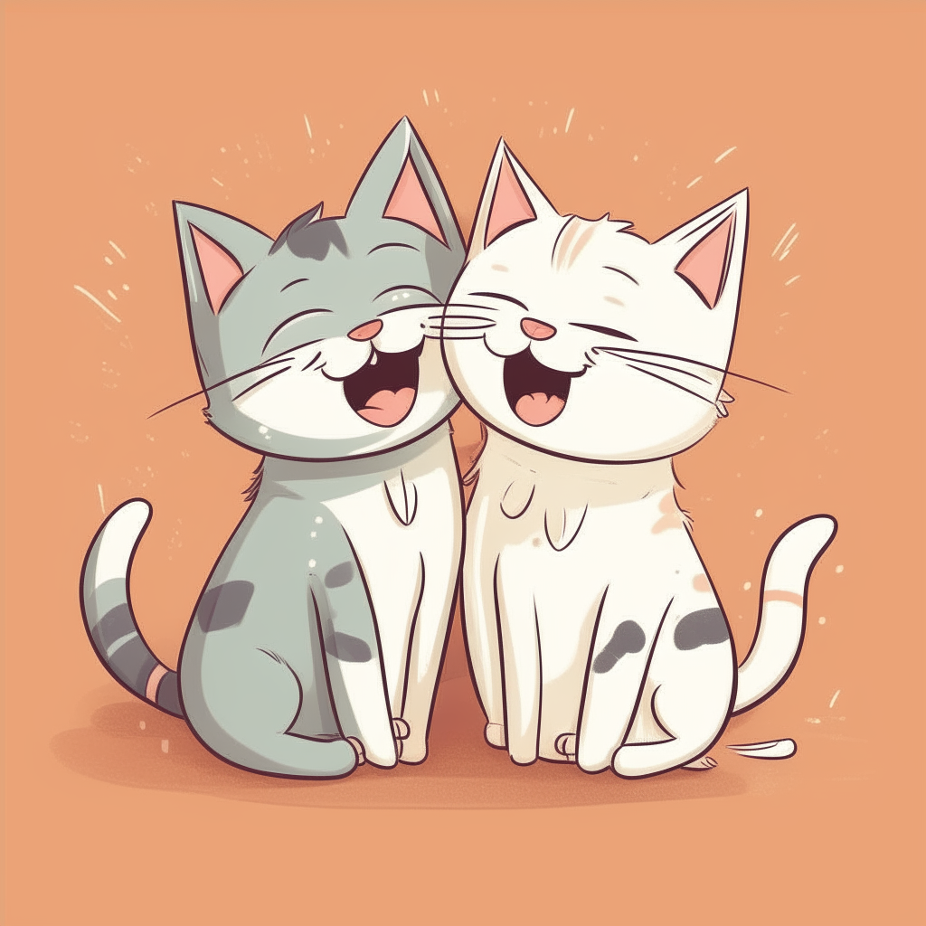 Two cartoon cats giggling together, with smiles and sparkling eyes