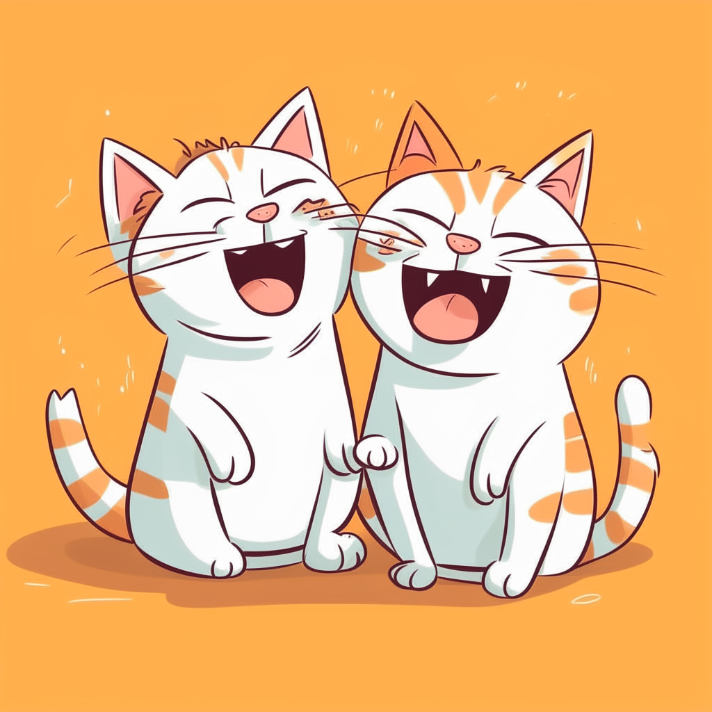 Two cartoon cats laughing happily, with tongues sticking out playfully
