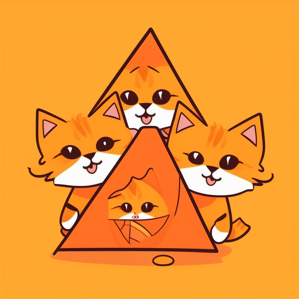 Three cartoon kittens giggling inside an orange triangle