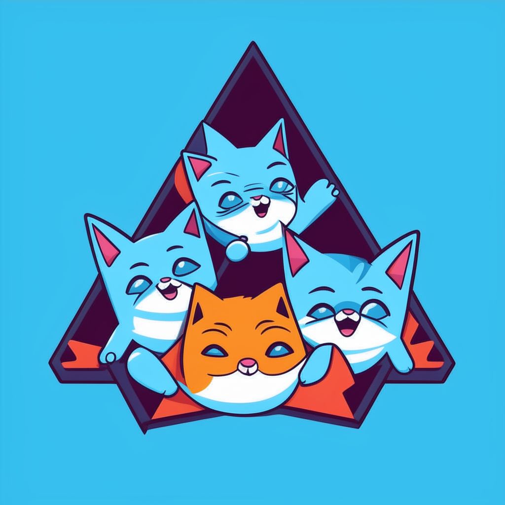 Three cartoon cats with tongues sticking out playfully inside a blue triangle