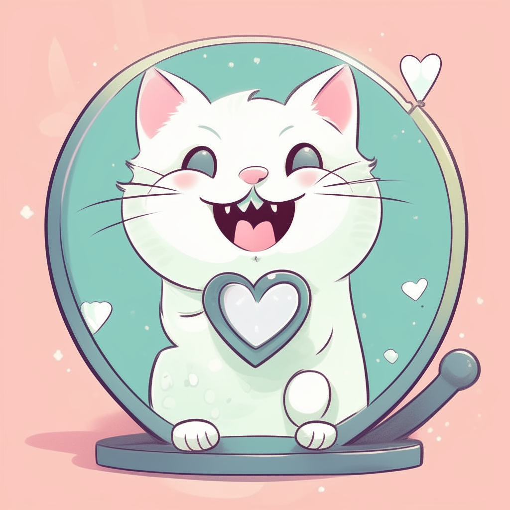 An adorable cartoon cat with sparkling eyes, laughing happily at itself in a heart-shaped mirror