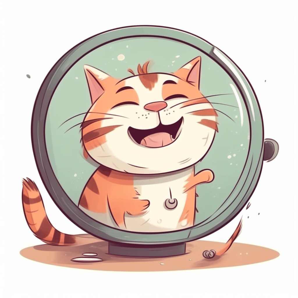 A gorgeous cartoon cat giggling while looking at its smiling reflection in a round mirror
