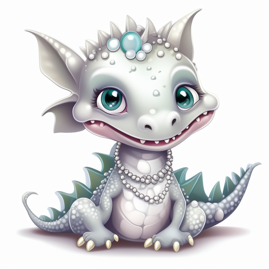 An adorable cartoon baby dragon giggling, with sparkling eyes and a necklace of white and silver pearls