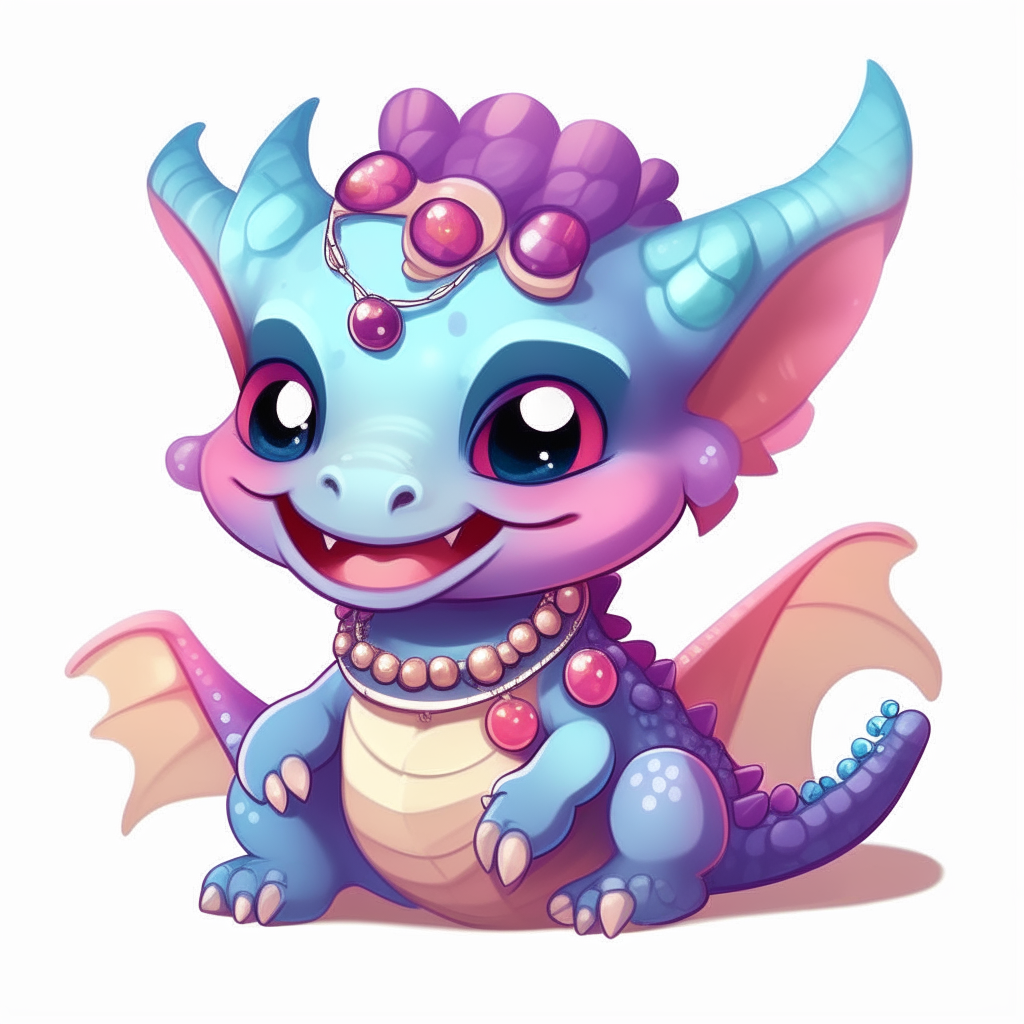 A cute cartoon baby dragon smiling while wearing a necklace of pink, purple and blue pearls