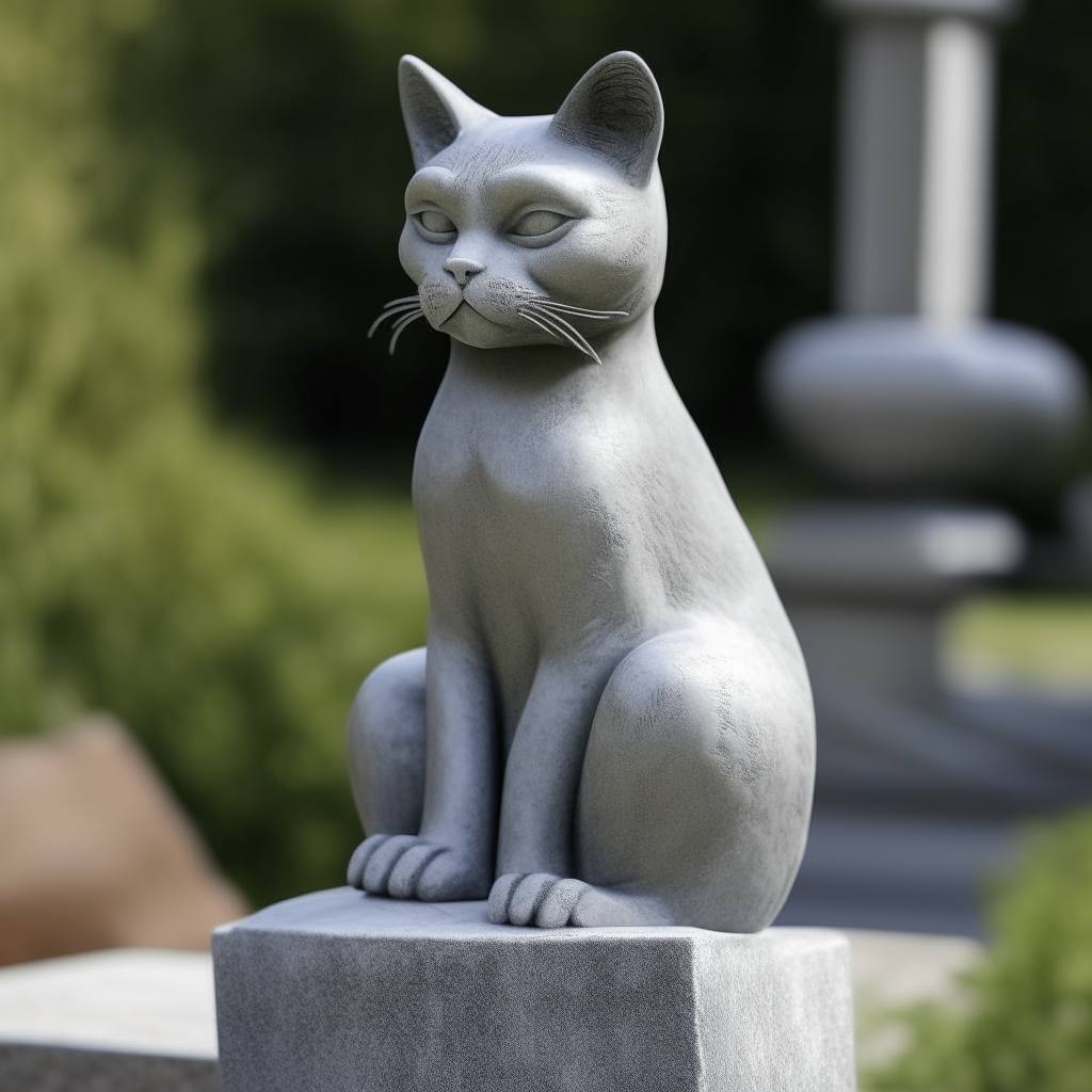 A gray stone cat statue sitting on a pedestal outdoors
