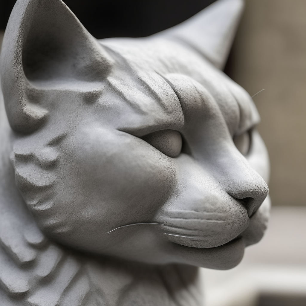 A closeup photo of a gray stone cat statue, showing details of its carved features