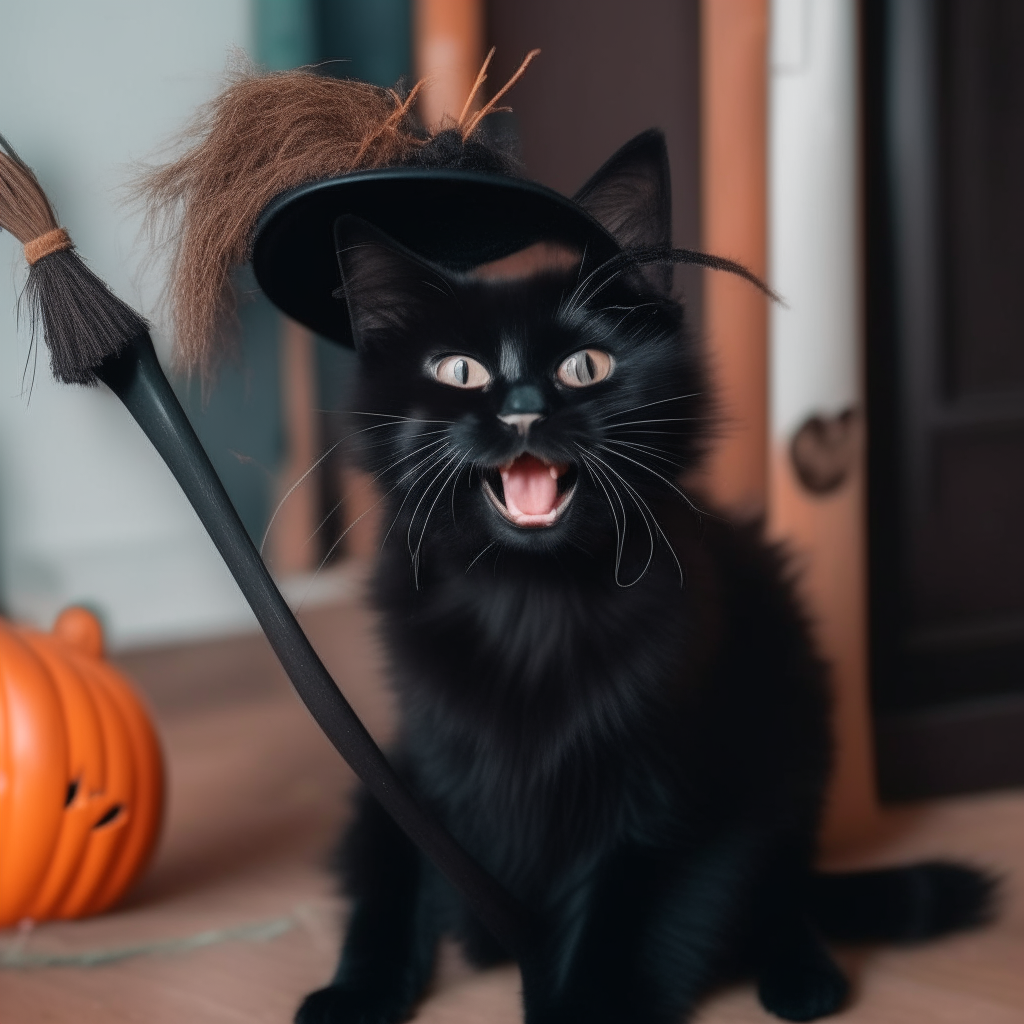 A smiling black cat kitten dressed as a witch, laughing while floating on a toy broom