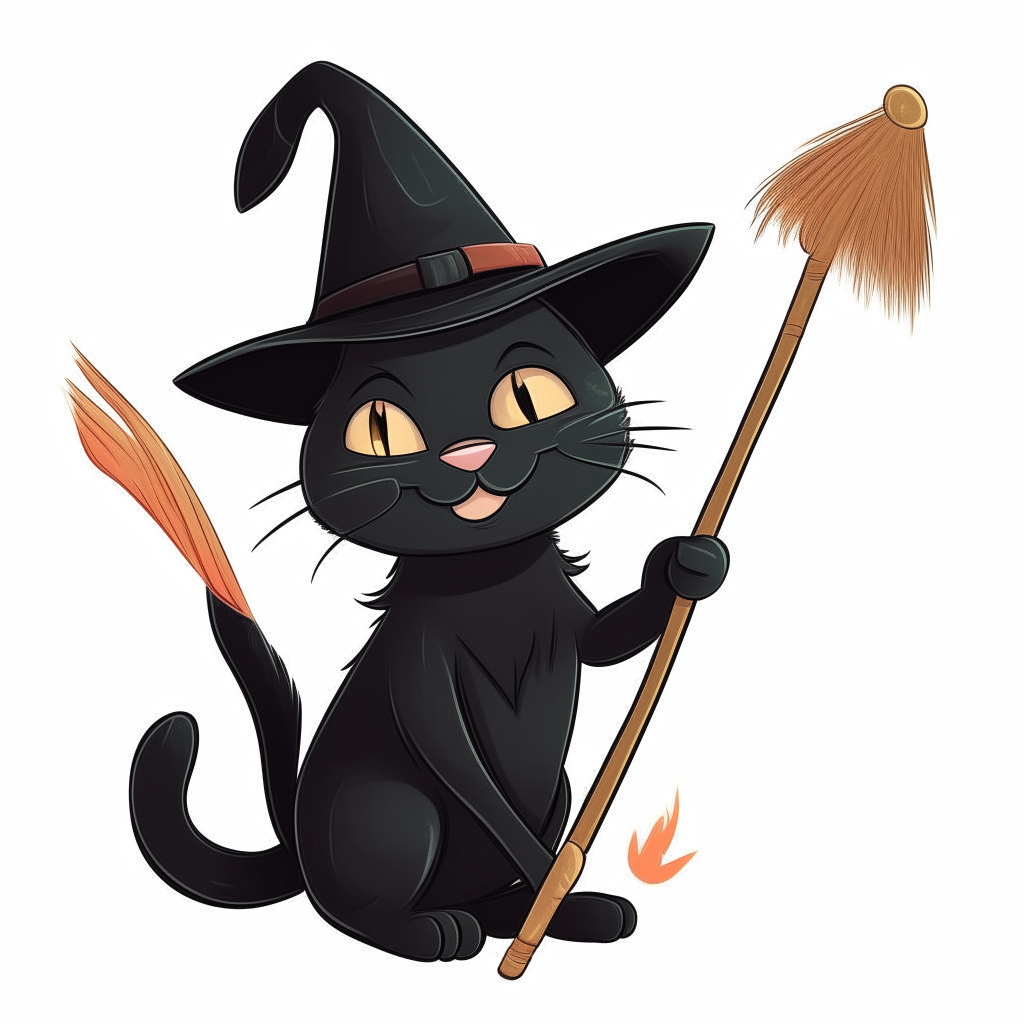 A cartoon drawing of a smiling black cat wearing a pointed hat and holding a broomstick