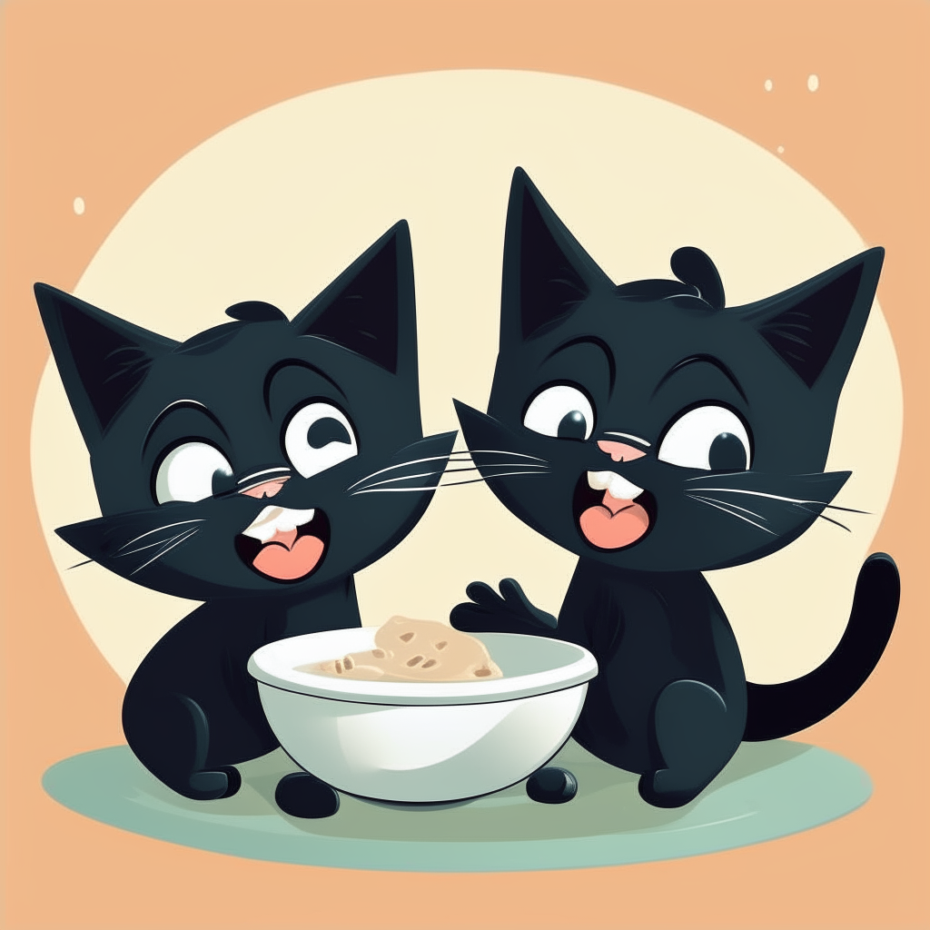 Two black cartoon kittens laughing together beside a bowl of milk