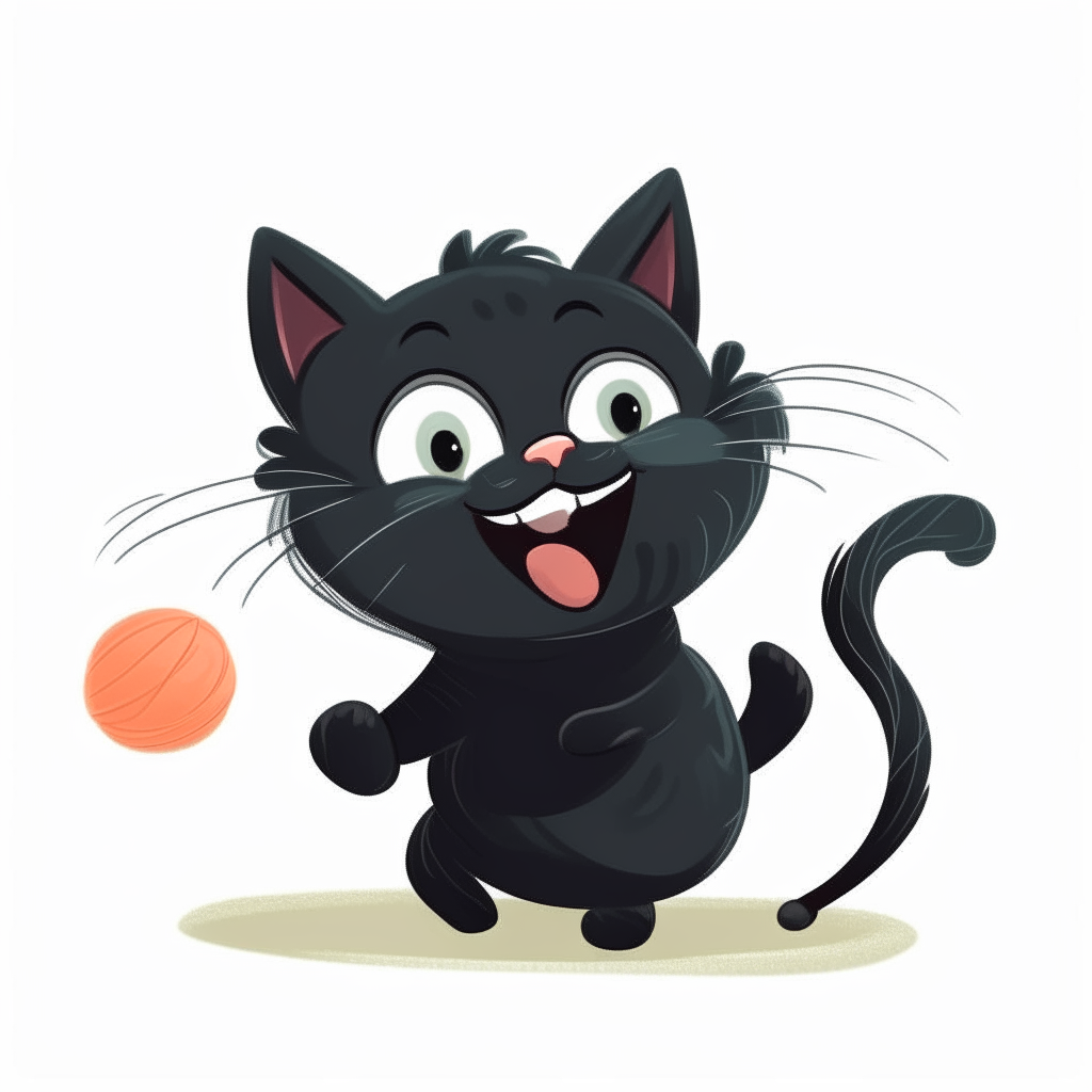A black cartoon kitten laughing while chasing a ball of yarn