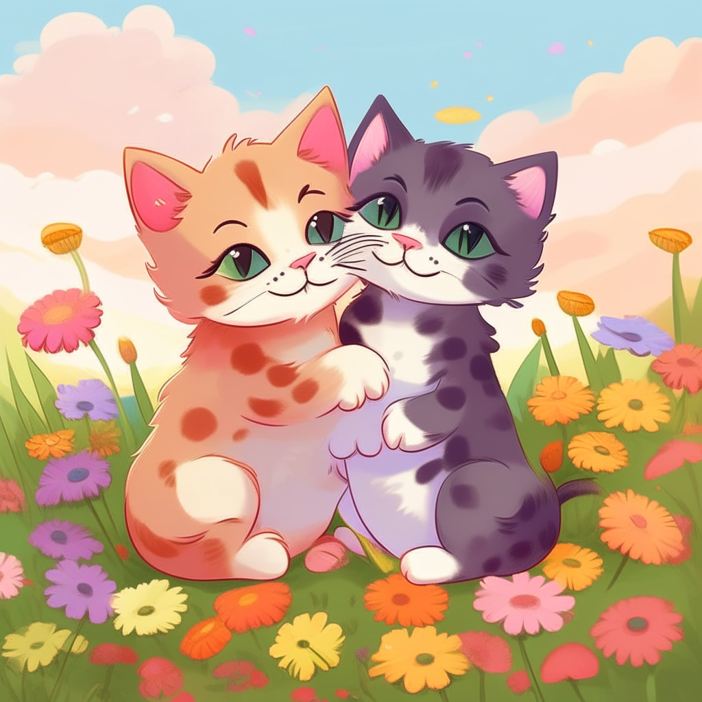 Two cartoon kittens hugging while sitting in a field of colorful wildflowers