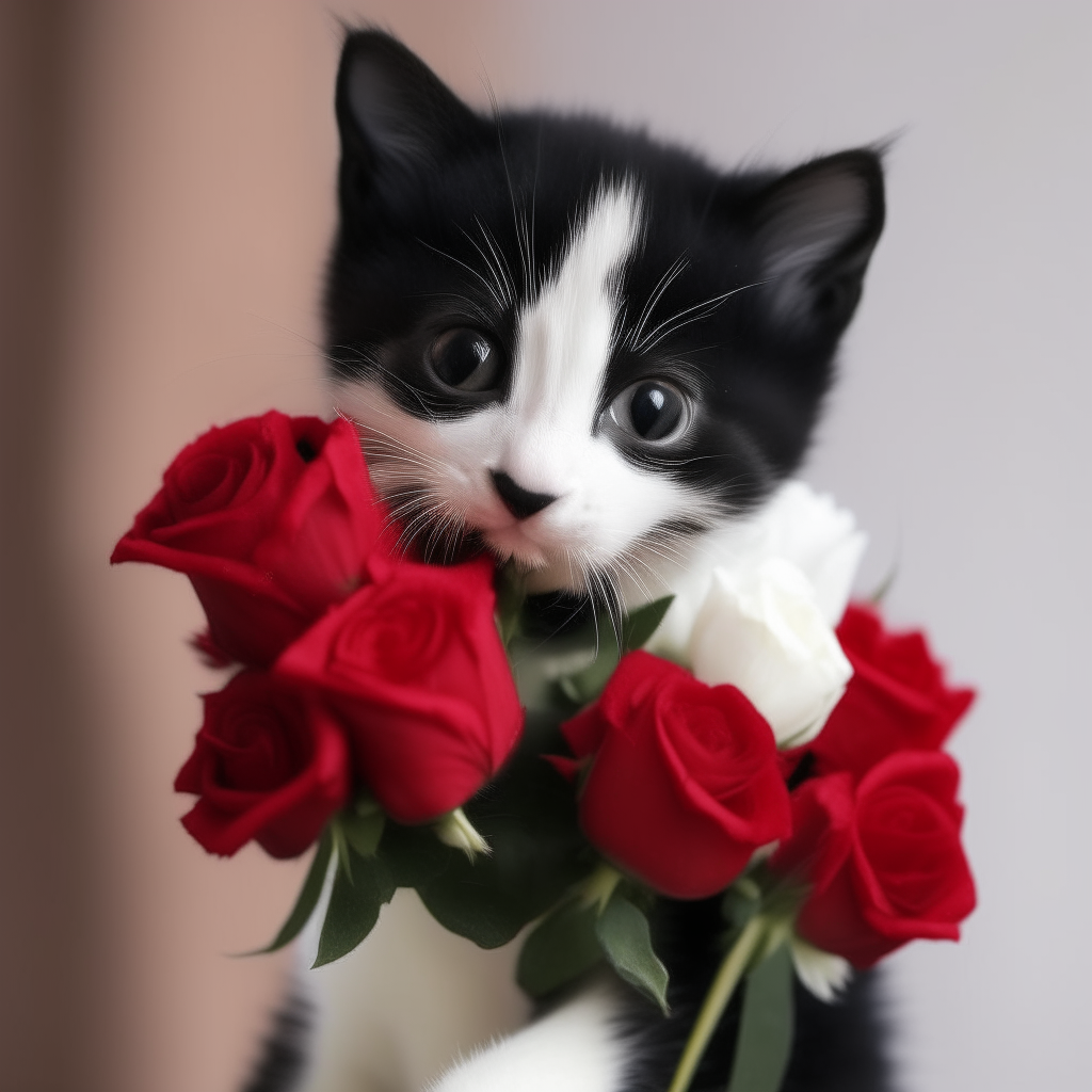 A black and white kitten hugging a bouquet of red roses