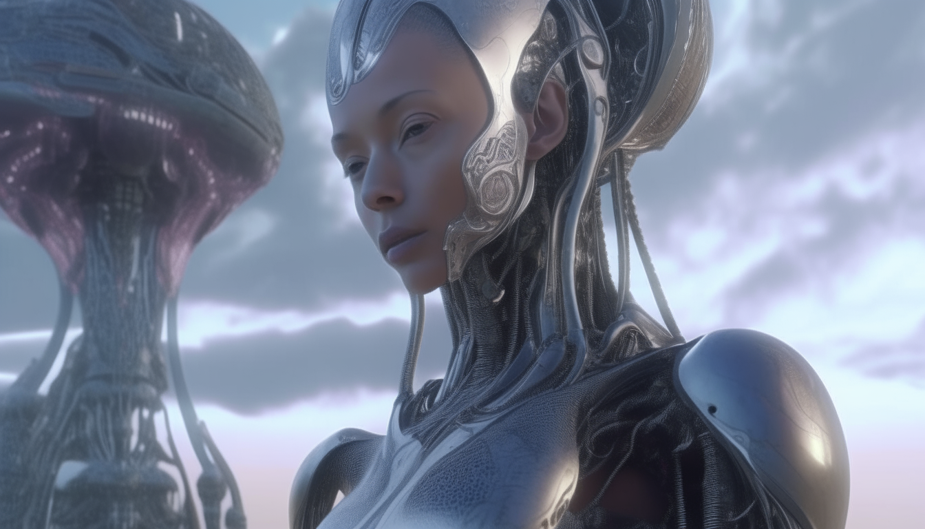 a very alien-looking beautiful cyborg Goddess with chrome metallic skin and glowing cybernetic eyes looking at living giant alien pods with silver tentacles and cosmic sky, extremely detailed 4k rendering