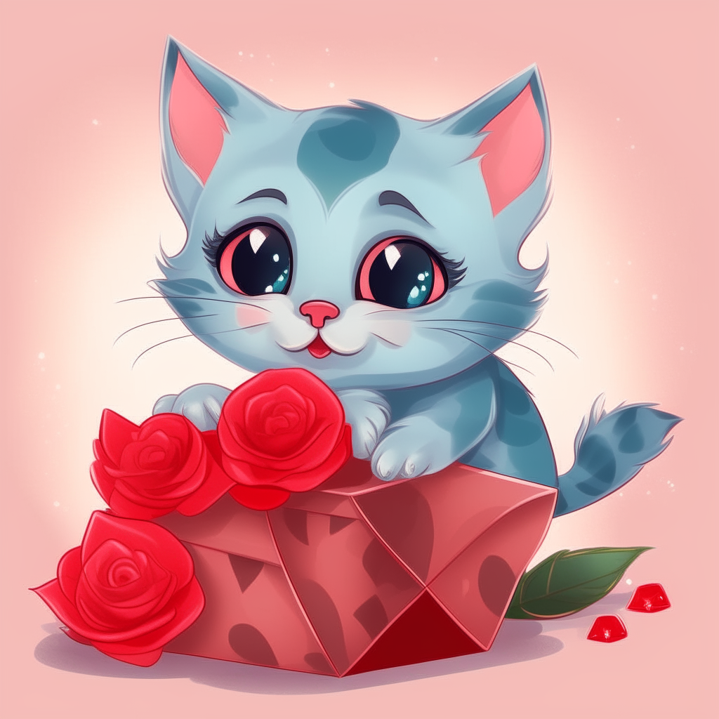 A cartoon kitten holding a heart-shaped box filled with red roses and sparkling diamonds