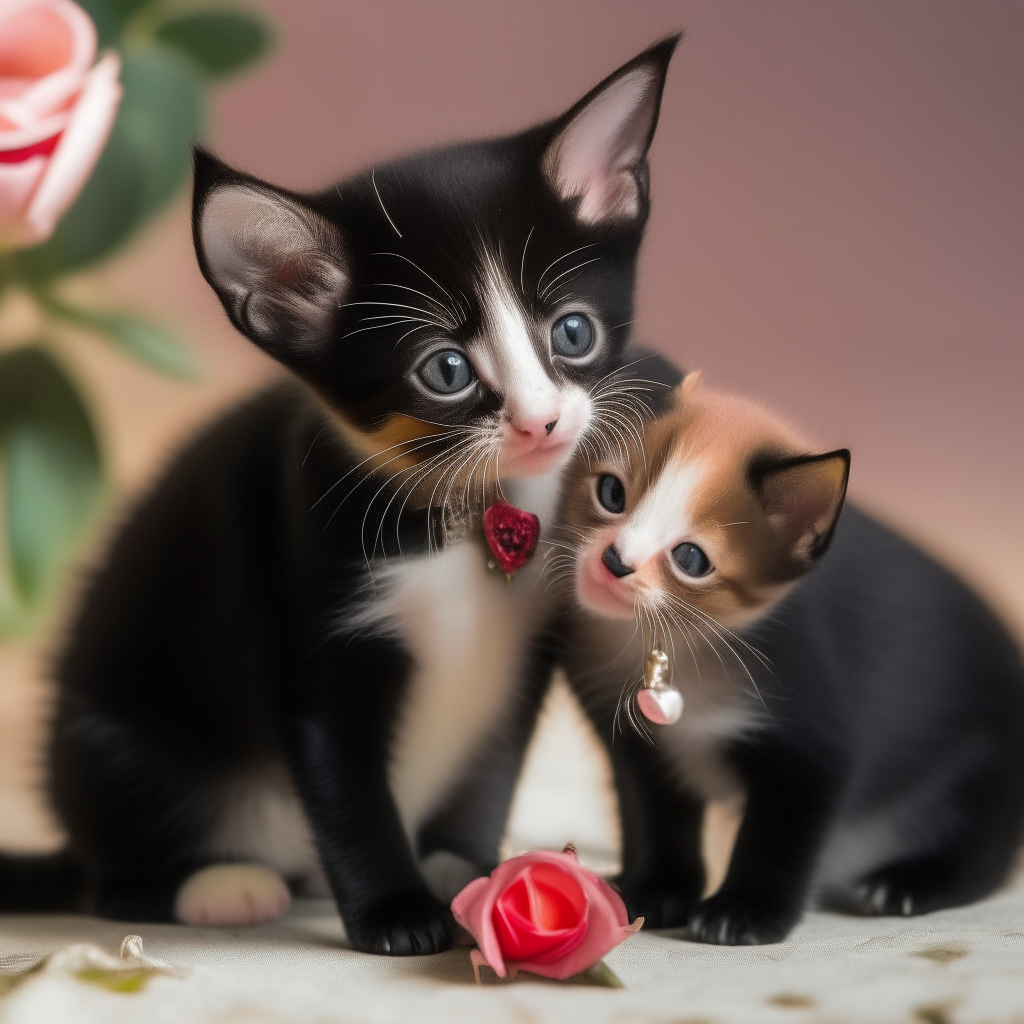 A black kitten placing a diamond necklace around the neck of a calico kitten holding a rose