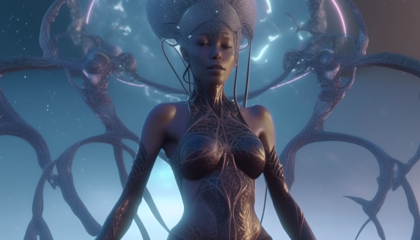 a beautiful alien cyborg goddess with a crown made of living alien robotic fleshy tentacles, standing in a pulsating alien landscape with pools of reflective liquid and cosmic sky, extremely detailed 4k rendering, dark sci-fi fantasy style 16:9 aspect ratio