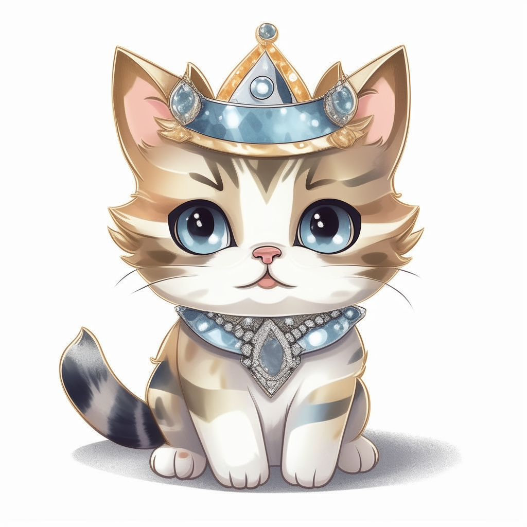 A cartoon calico kitten wearing a collar and crown made of glittering diamonds