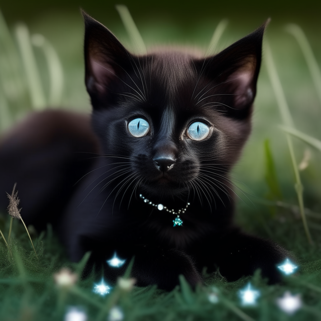 A black kitten laying in a field of stars, with a diamond necklace around its neck