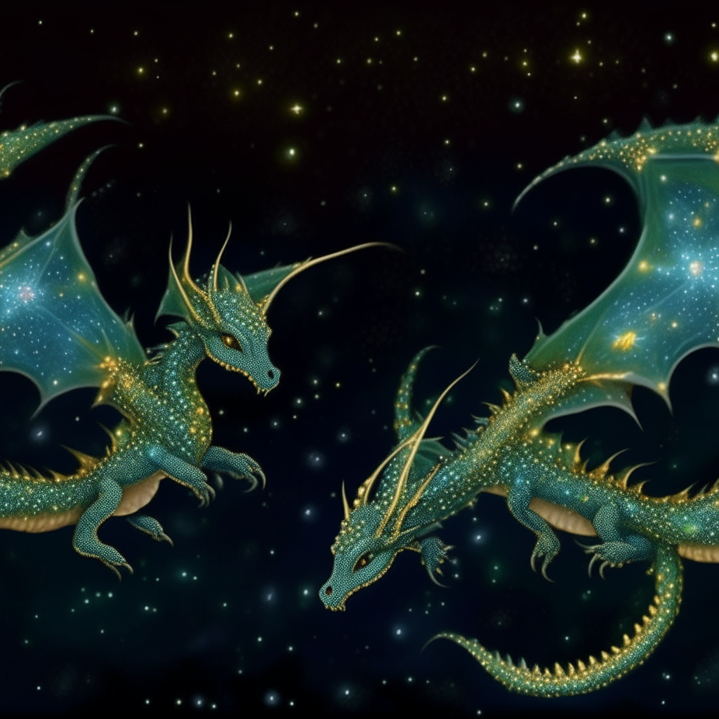 Dos dragoncitos pequeños volando entre estrellas brillantes y diamantes relucientes. Los dragones tienen escamas azules y verdes, y alas membranosas. El fondo está lleno de estrellas doradas y diamantes que brillan en la oscuridad.