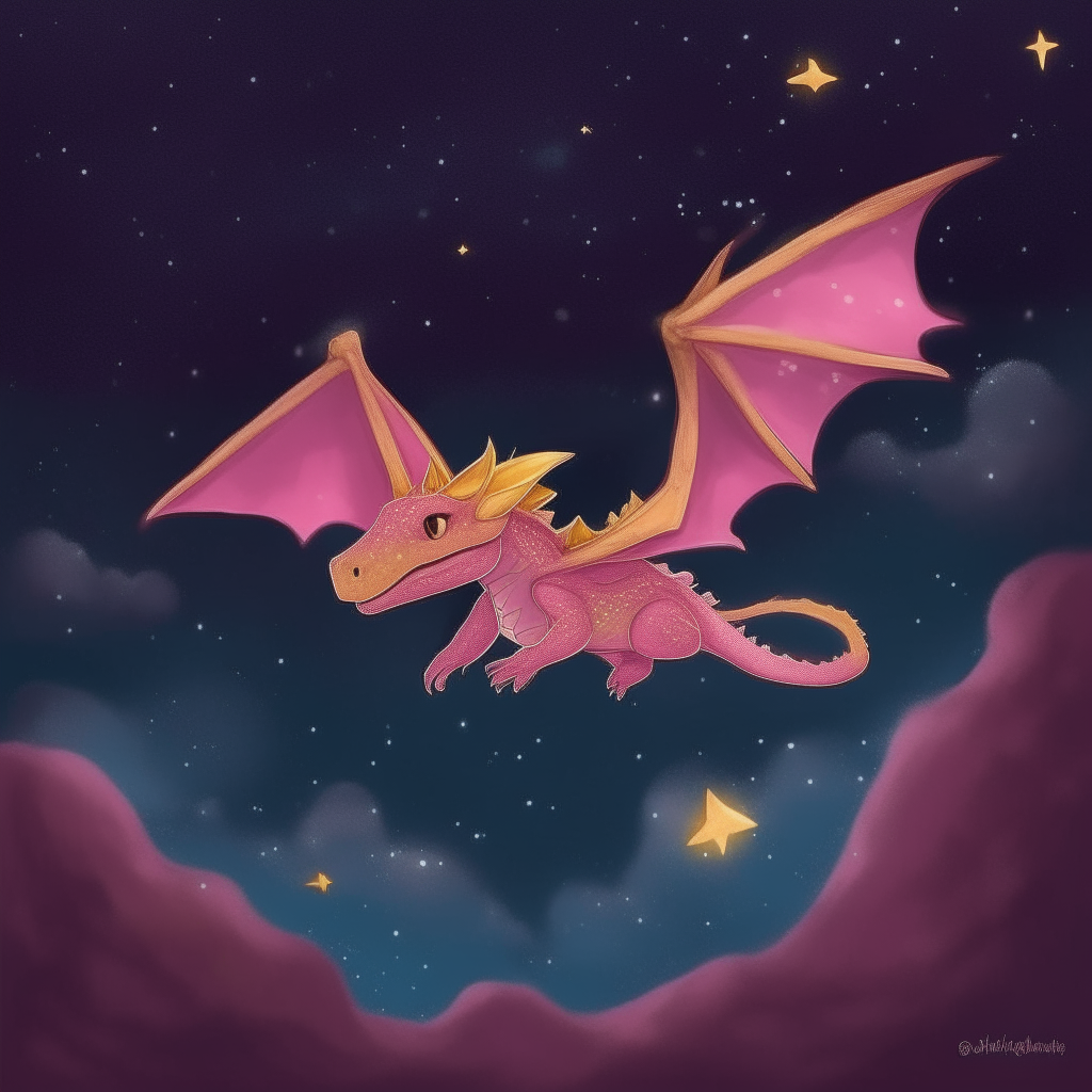 Un pequeño dragoncito volando entre diamantes rosados y estrellas doradas en el cielo nocturno.