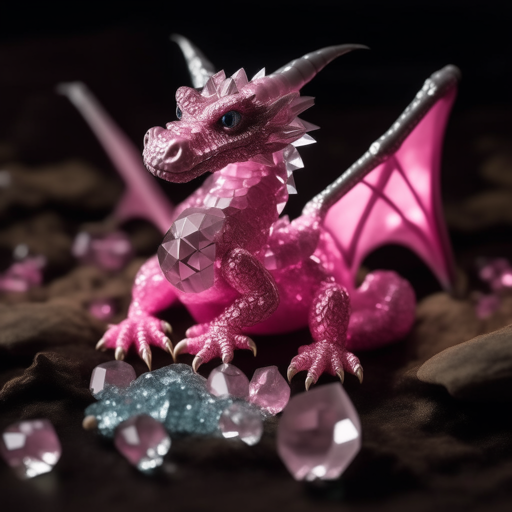 Otro dragoncito explorando entre diamantes rosados y estrellas plateadas.