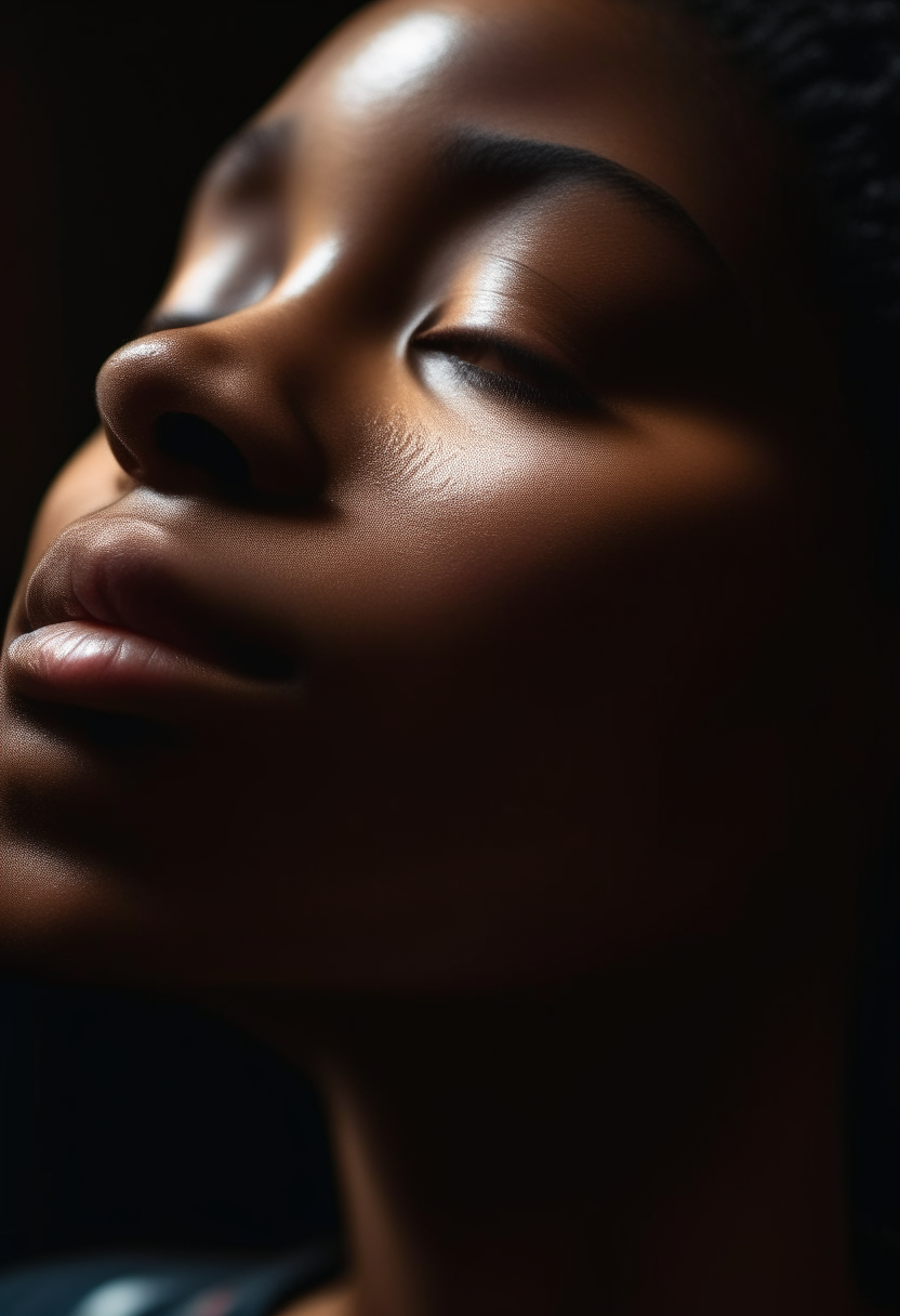Close-up of a young woman (early 30s, Black descent) in a dimly lit room, eyes closed, taking a deep breath, detailed portrait