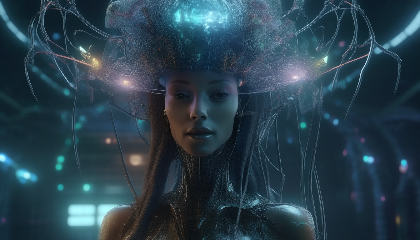 a beautiful alien cyborg goddess wearing a holographic robotic crown with laser beams and chaotic biomechanical tendrils, riding a sci-fi jellyfish creature, extremely detailed 4k rendering, 16:9 aspect ratio, dark sci-fi fantasy style