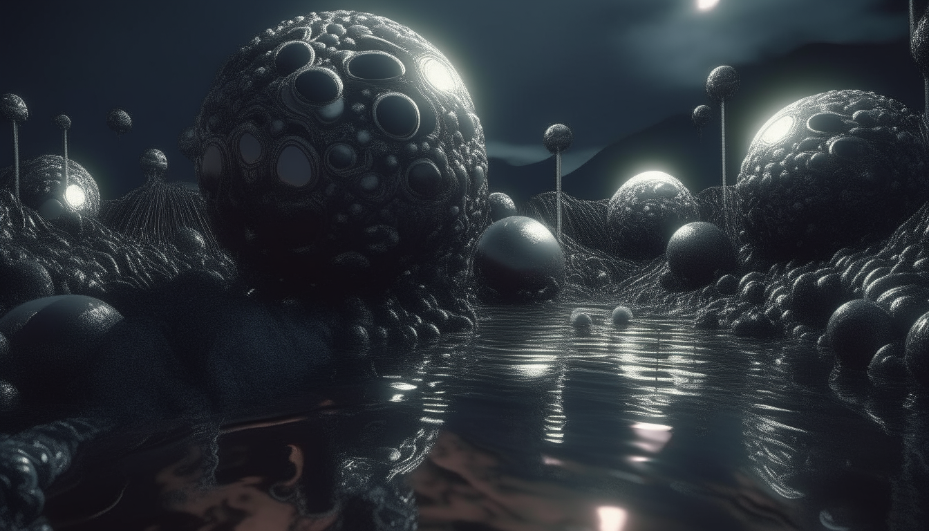 alien landscape made from living alien biological matter with tentacle covered chrome spheres and reflective liquid pools, dark sci fi fantasy style, intricate details, 4k quality, 16:9 aspect ratio