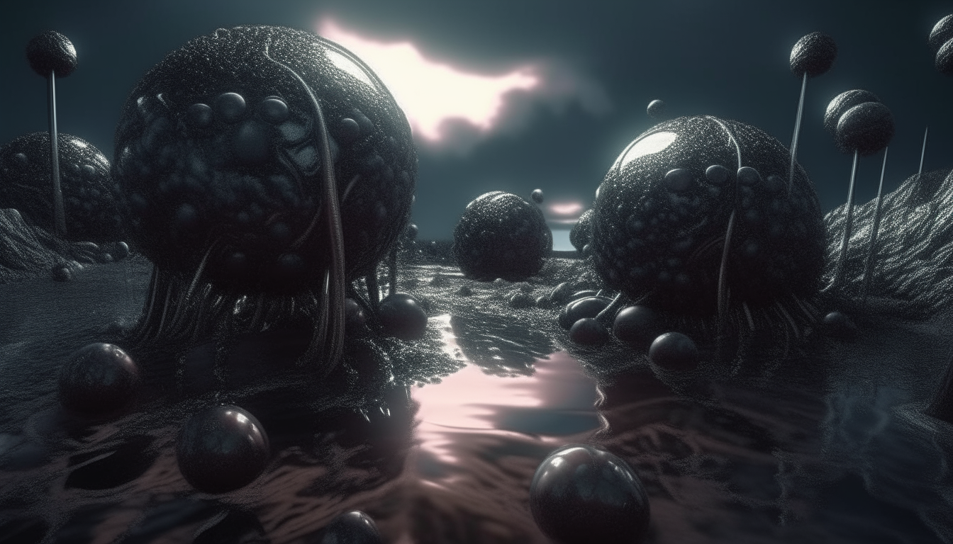 alien landscape made from living alien biological matter with tentacle covered chrome spheres and reflective liquid pools, dark sci fi fantasy style, intricate details, 4k quality, 16:9 aspect ratio