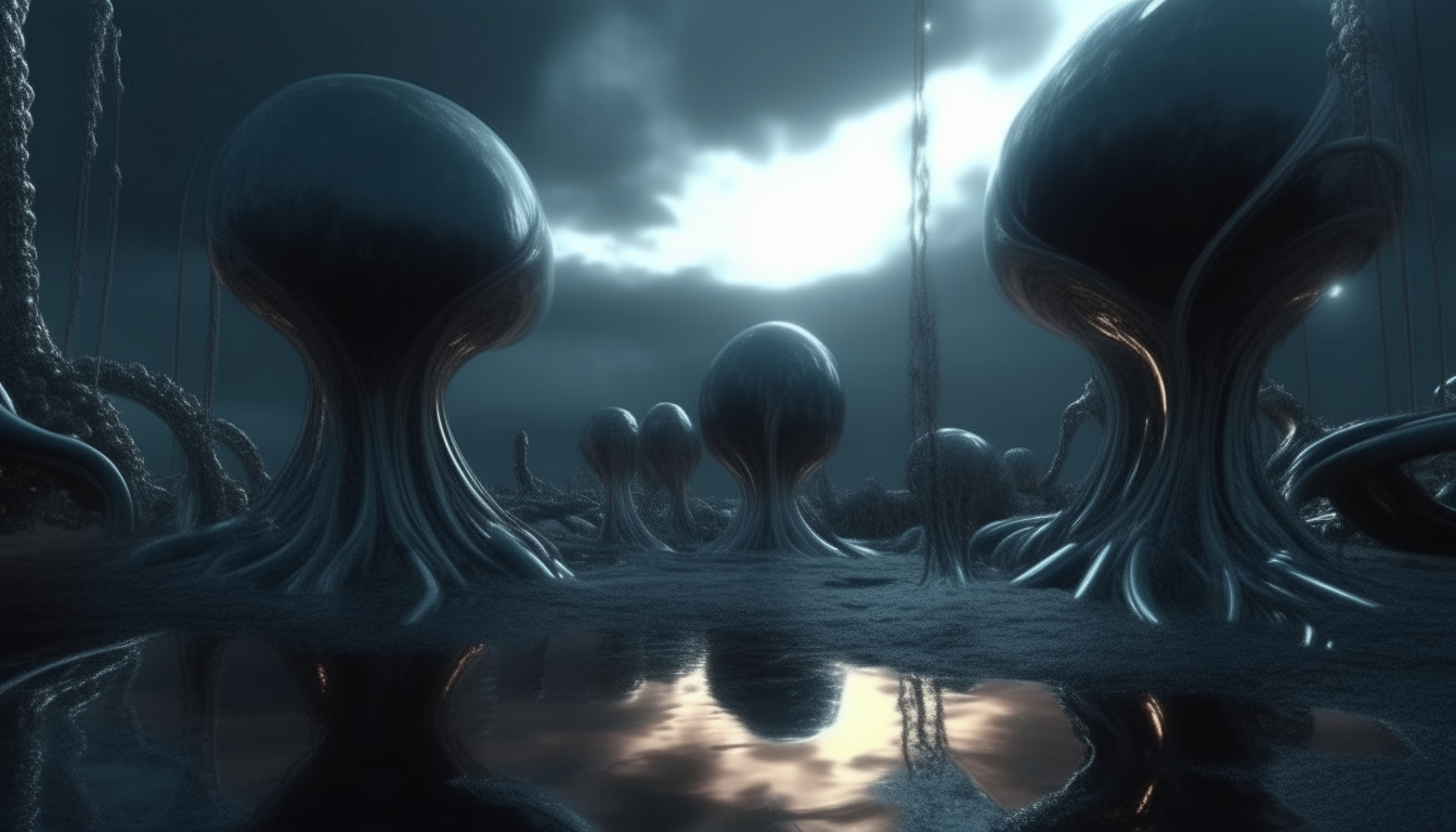 a biological alien living landscape made from alien pods and silver chrome tentacles, liquid reflective pools stretch into the distance, cosmic sky above, extremely detailed, 4k quality, dark sci fi fantasy style