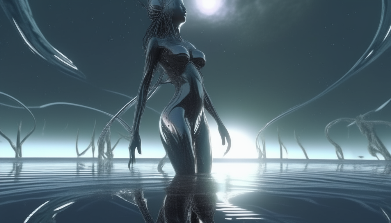 a living alien landscape with a beautiful cyborg goddess emerging from a reflective liquid pool, her silver chrome alien tentacles waving upwards to the cosmic sky, dark sci-fi fantasy style, highly detailed, 4k quality