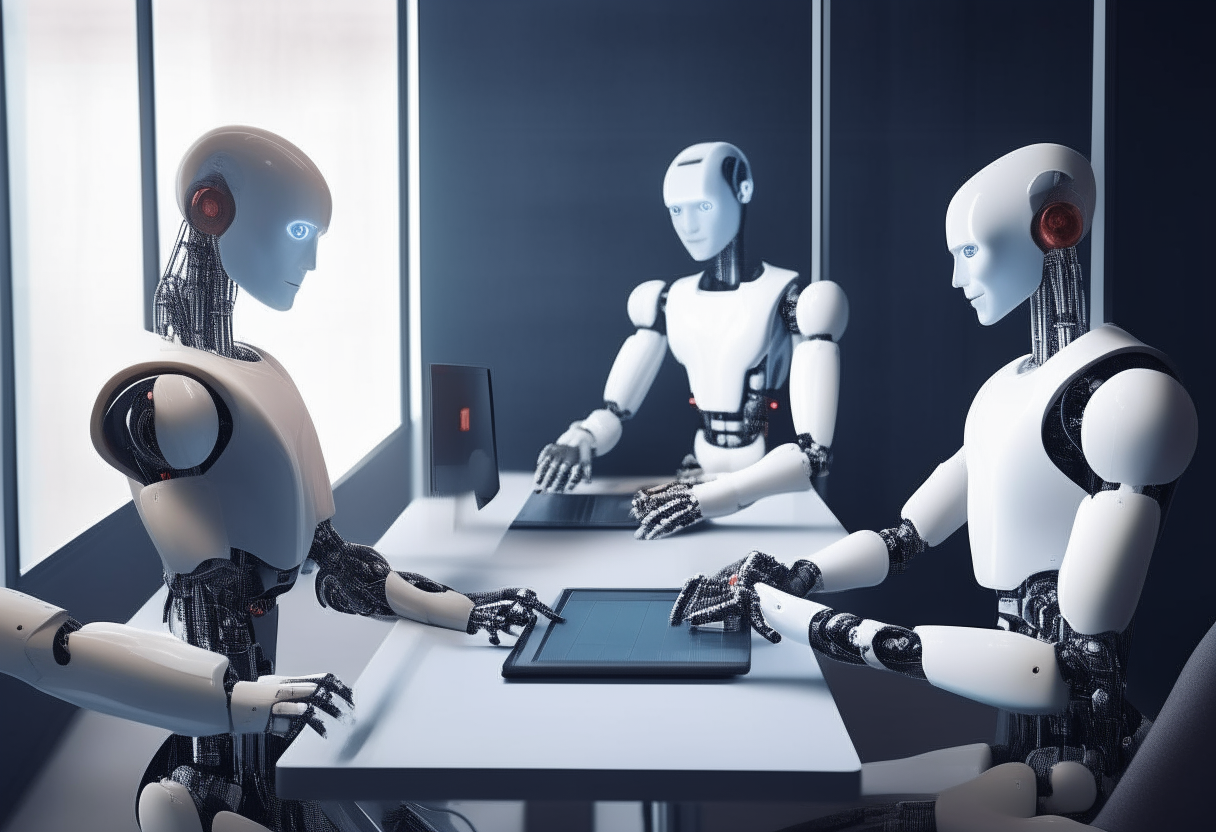 a team of 4 humanoid robots working together at a large touch screen table, focused on typing code and having a thoughtful discussion