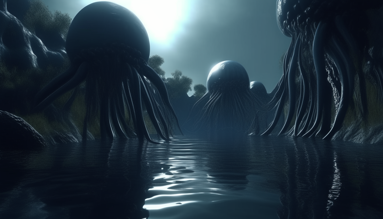 an alien landscape made from giant living alien pods with tentacles emerging from the reflective waters of an alien stream drifting into the distance, 16:9 aspect ratio, highly detailed, 4k quality, dark sci-fi fantasy style