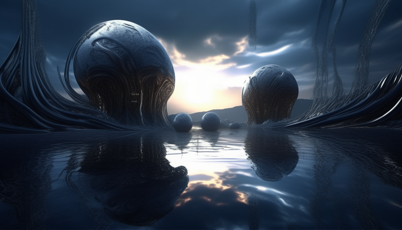 a highly detailed alien landscape made from living alien pods and silver chrome tentacles emerging from reflective liquid pools stretching into the distance with a cosmic sky above, dark sci-fi fantasy style