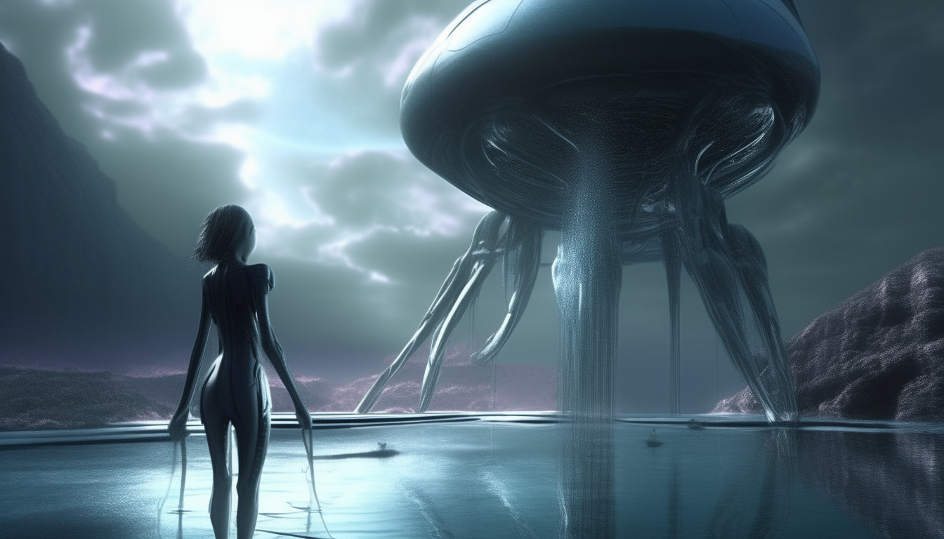 a highly detailed image of alien reflective liquid pools with a beautiful alien cyborg emerging along with her silver chrome living robotic tentacles, looking towards a vast alien pod landscape, dark sci-fi fantasy style in 16:9 aspect ratio