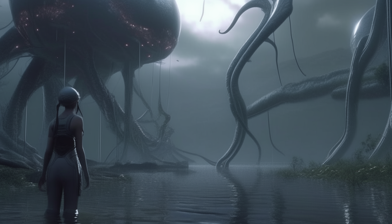 a living alien landscape with biomechanical robotic tentacle covered alien membrane pods, drifting down a reflective stream into the distance with a beautiful alien cyborg goddess in 16:9 aspect ratio, highly detailed, 4k quality, dark sci-fi fantasy style