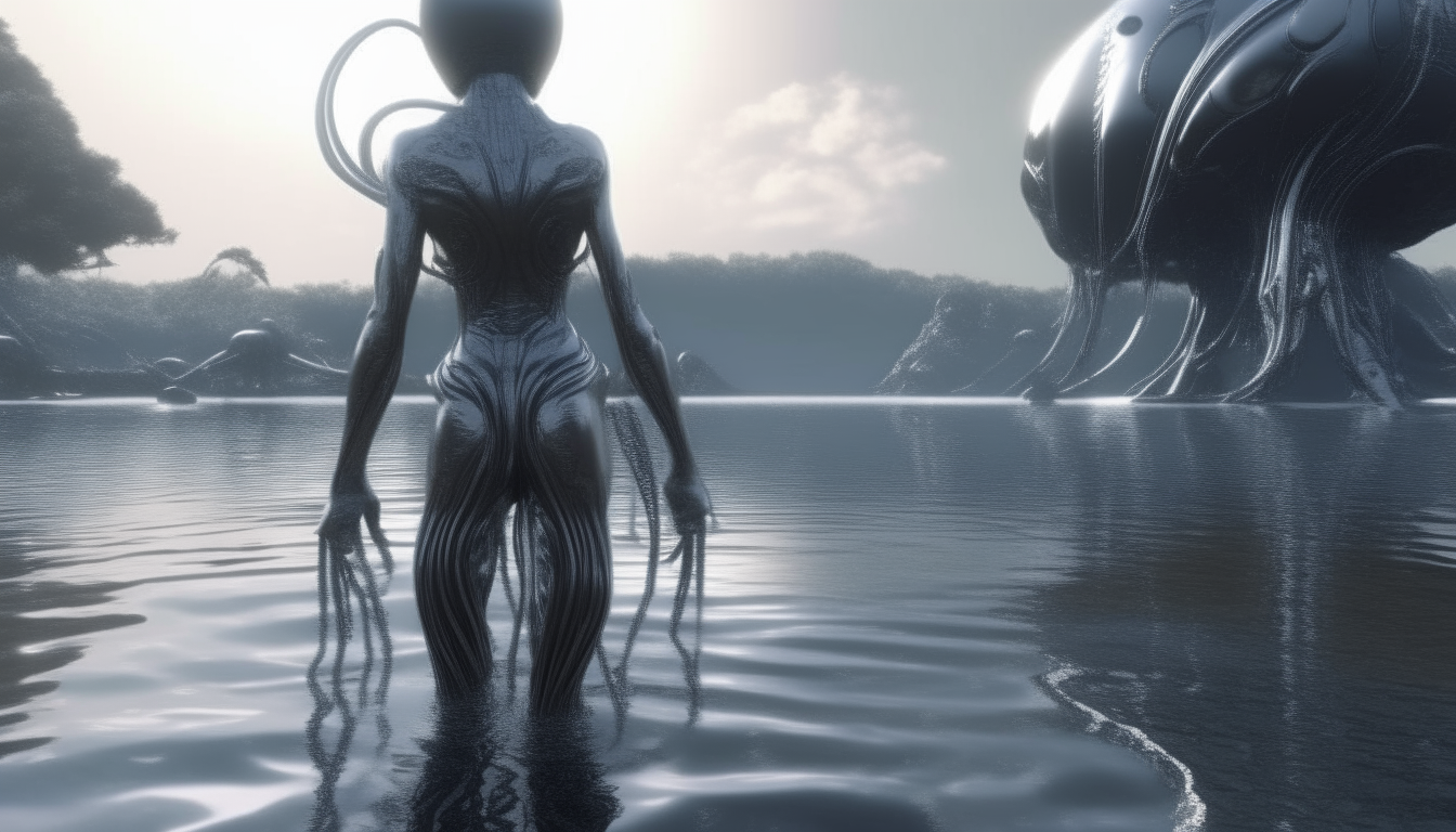 a highly detailed alien landscape made from living alien spheres and pulsating masses covered in silver chrome tentacles, with an alien cyborg goddess emerging from a reflective liquid river stretching into the distance, 16:9 aspect ratio, 4k quality, dark sci-fi fantasy style