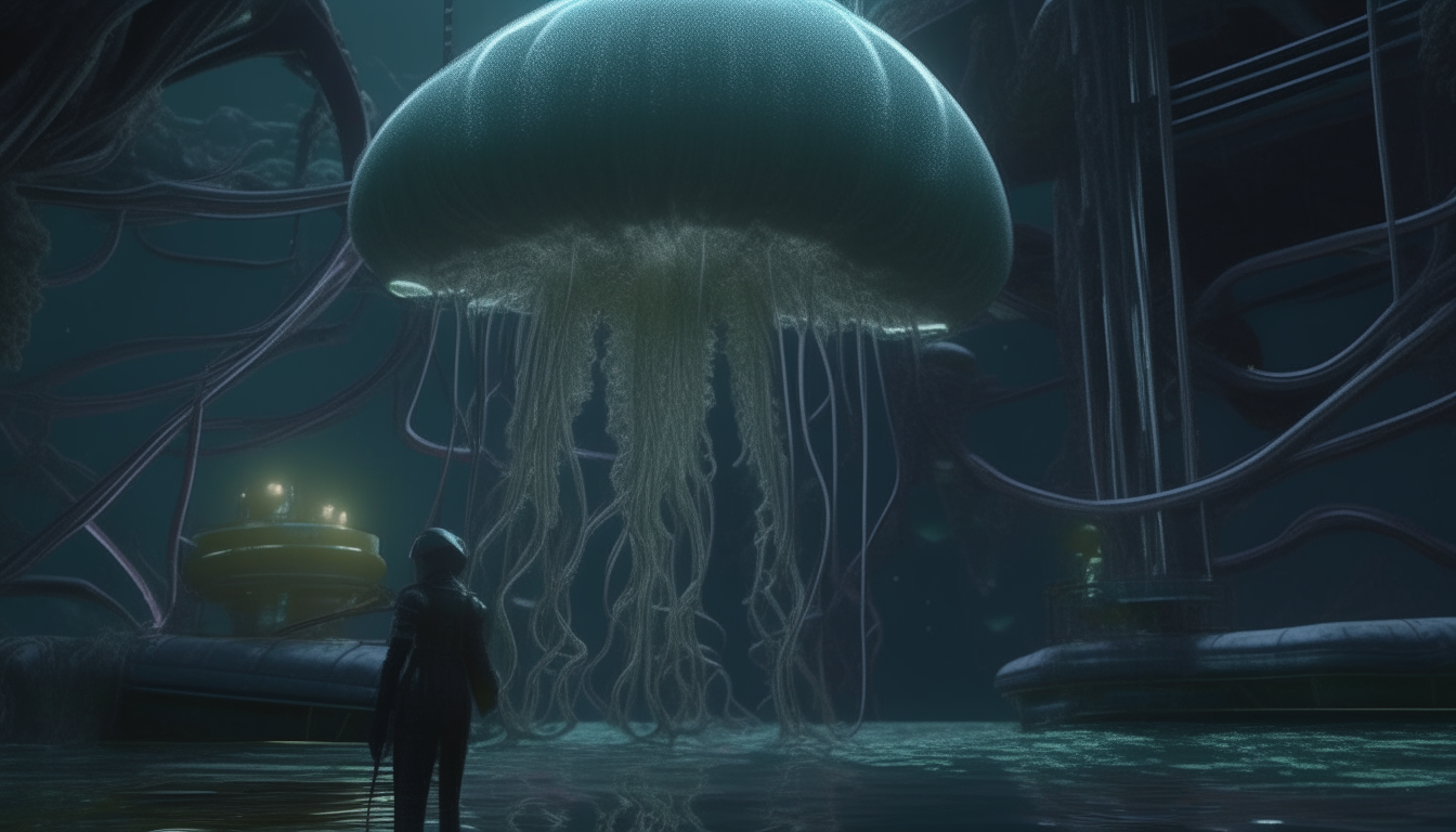 a highly detailed alien landscape with giant pulsating alien pods with living alien robotic jellyfish tentacles sucking up a reflective liquid pool through clear tubes, as an alien cyborg goddess watches on, 16:9 aspect ratio, 4k quality, dark sci-fi fantasy style