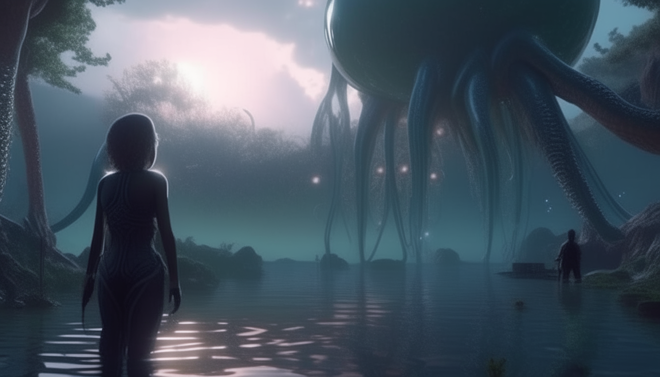 a highly detailed image of a living bio alien landscape with giant tentacle covered alien pulsating membrane pods emerging from reflective liquid pools stretching into the distance, with an alien cyborg goddess watching the waters stream by, 16:9 aspect ratio, 4k quality, dark sci-fi fantasy style