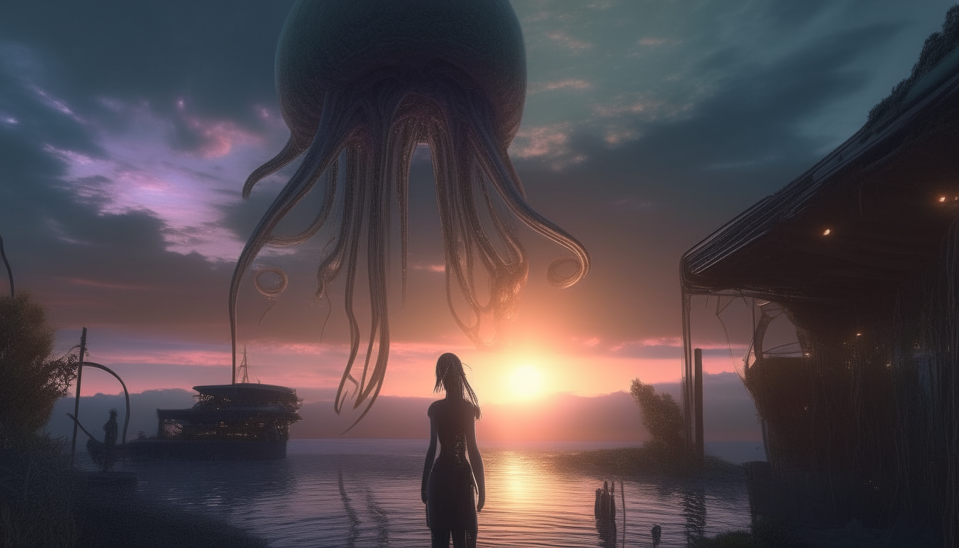 a highly detailed image of a living bio alien landscape with giant tentacle covered alien pulsating membrane pods emerging from reflective liquid pools stretching into the distance, with an alien cyborg goddess watching a sunsetting sky stream by, 16:9 aspect ratio, 4k quality, dark sci-fi fantasy style