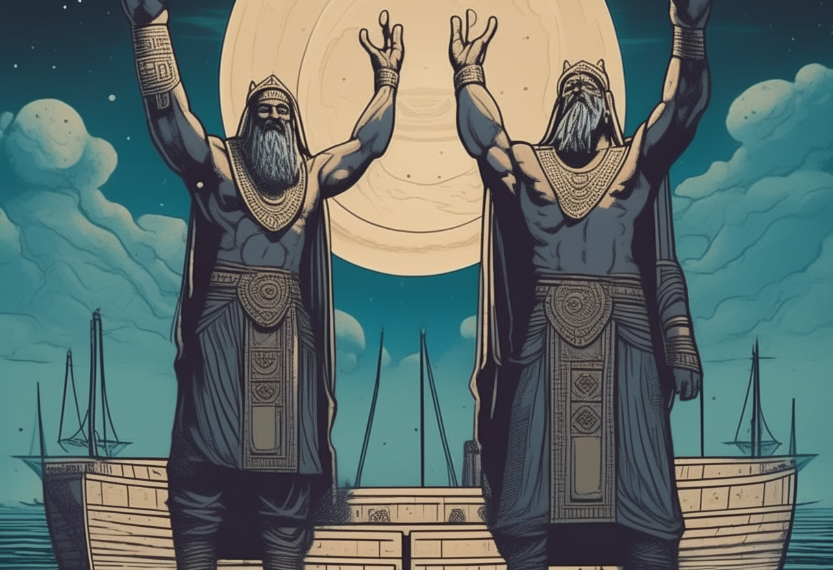 Marduk and Nabu standing before a celestial ship, their hands raised as if depriving others of access